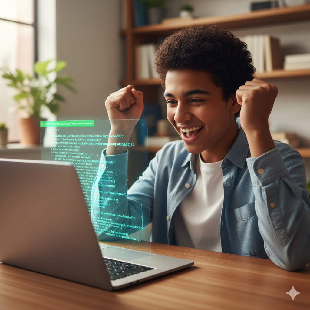 Student smiling while learning to code on a laptop.